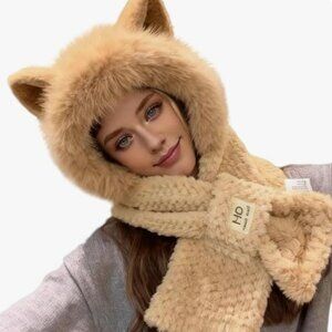 Cozy Fox Ears Plush Hat & Scarf Set - Women's Thickened Warm Winter Ear Scarf